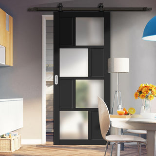 Image: Top Mounted Black Sliding Track & Solid Wood Door - Eco-Urban® Cusco 4 Pane 4 Panel Solid Wood Door DD6416SG Frosted Glass - Shadow Black Premium Primed