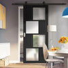 Top Mounted Black Sliding Track & Solid Wood Door - Eco-Urban® Cusco 4 Pane 4 Panel Solid Wood Door DD6416SG Frosted Glass - Shadow Black Premium Primed