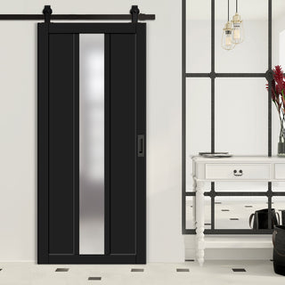 Image: Top Mounted Black Sliding Track & Solid Wood Door - Eco-Urban® Cornwall 1 Pane 2 Panel Solid Wood Door DD6404SG Frosted Glass - Shadow Black Premium Primed
