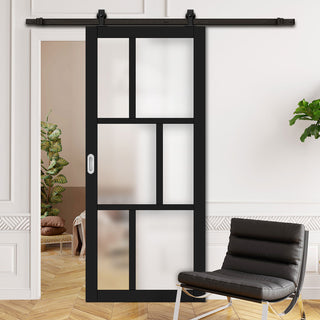 Image: Top Mounted Black Sliding Track & Solid Wood Door - Eco-Urban® Milan 6 Pane Solid Wood Door DD6422SG Frosted Glass - Shadow Black Premium Primed