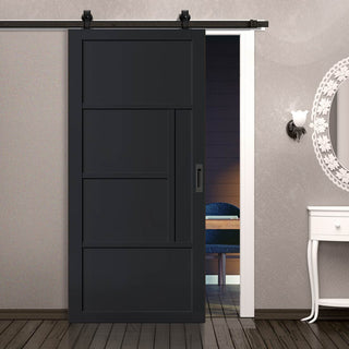 Image: Top Mounted Black Sliding Track & Solid Wood Door - Eco-Urban® Boston 4 Panel Solid Wood Door DD6311 - Shadow Black Premium Primed