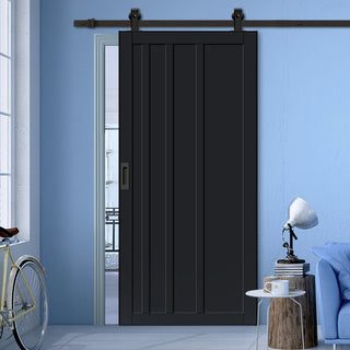 Image: Top Mounted Black Sliding Track & Solid Wood Door - Eco-Urban® Malmo 4 Panel Solid Wood Door DD6401 - Shadow Black Premium Primed