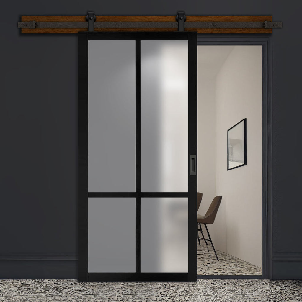 Top Mounted Black Sliding Track & Solid Wood Door - Eco-Urban® Bronx 4 Pane Solid Wood Door DD6315SG - Frosted Glass - Shadow Black Premium Primed