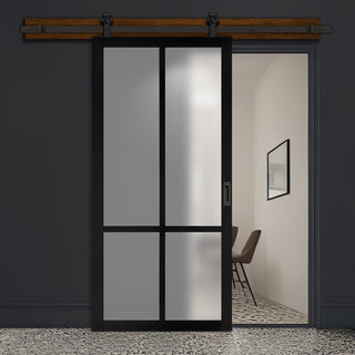 Image: Top Mounted Black Sliding Track & Solid Wood Door - Eco-Urban® Bronx 4 Pane Solid Wood Door DD6315SG - Frosted Glass - Shadow Black Premium Primed