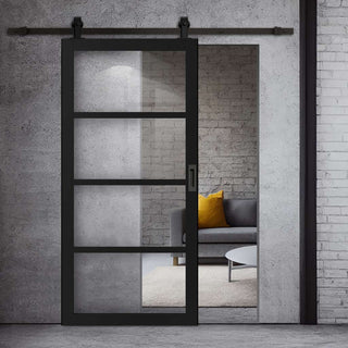 Image: Top Mounted Black Sliding Track & Solid Wood Door - Eco-Urban® Brooklyn 4 Pane Solid Wood Door DD6308G - Clear Glass - Shadow Black Premium Primed