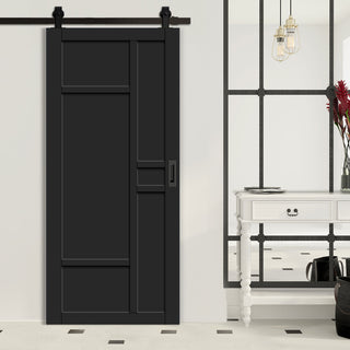 Image: Top Mounted Black Sliding Track & Solid Wood Door - Eco-Urban® Isla 6 Panel Solid Wood Door DD6429 - Shadow Black Premium Primed