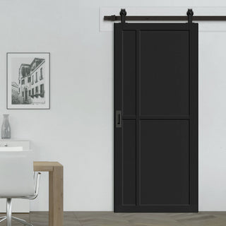 Image: Top Mounted Black Sliding Track & Solid Wood Door - Eco-Urban® Marfa 4 Panel Solid Wood Door DD6313 - Shadow Black Premium Primed