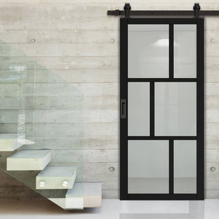 Image: Top Mounted Black Sliding Track & Solid Wood Door - Eco-Urban® Milan 6 Pane Solid Wood Door DD6422G Clear Glass - Shadow Black Premium Primed