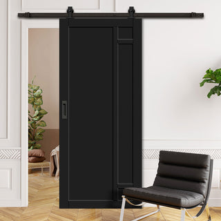 Image: Top Mounted Black Sliding Track & Solid Wood Door - Eco-Urban® Suburban 4 Panel Solid Wood Door DD6411 - Shadow Black Premium Primed