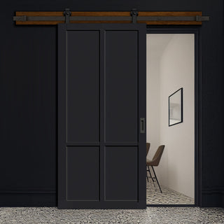 Image: Top Mounted Black Sliding Track & Solid Wood Door - Eco-Urban® Bronx 4 Panel Solid Wood Door DD6315 - Shadow Black Premium Primed