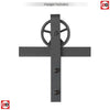 Image of barn style wagon wheel bracket for sliding doors - white background