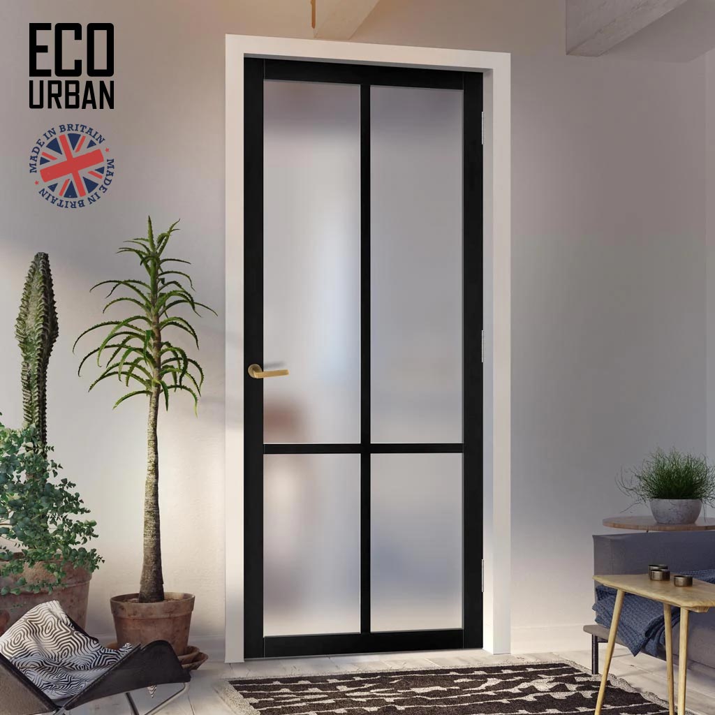 Handmade Eco-Urban Bronx 4 Pane Solid Wood Internal Door UK Made DD6315SG - Frosted Glass - Eco-Urban® Shadow Black Premium Primed