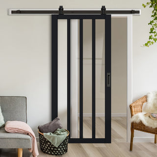 Image: Top Mounted Black Sliding Track & Solid Wood Door - Eco-Urban® Sintra 4 Pane Solid Wood Door DD6428G Clear Glass - Shadow Black Premium Primed