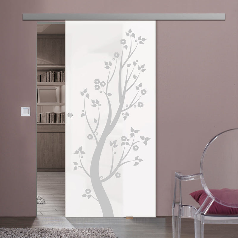 Single Glass Sliding Door - Blooming Tree 8mm Obscure Glass - Obscure Printed Design with Elegant Track
