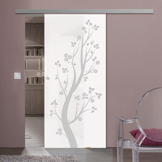 Image: Single Glass Sliding Door - Blooming Tree 8mm Obscure Glass - Obscure Printed Design with Elegant Track