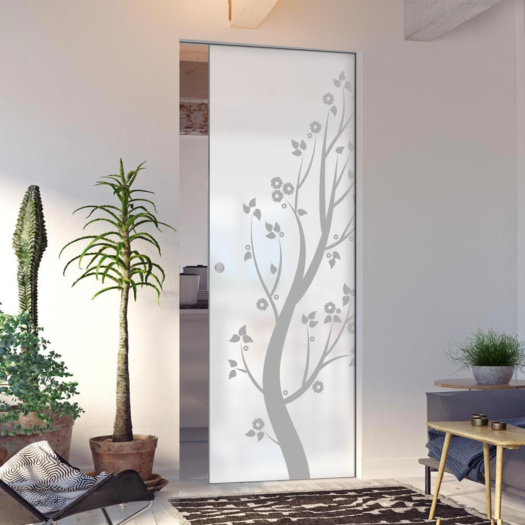 Blooming Tree  8mm Obscure Glass - Obscure Printed Design - Single Absolute Pocket Door