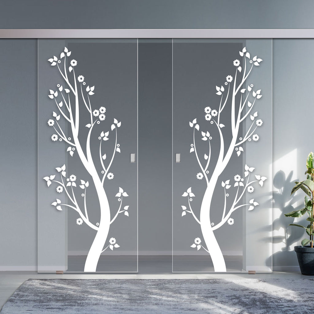 Double Glass Sliding Door - Blooming Tree 8mm Clear Glass - Obscure Printed Design with Elegant Track