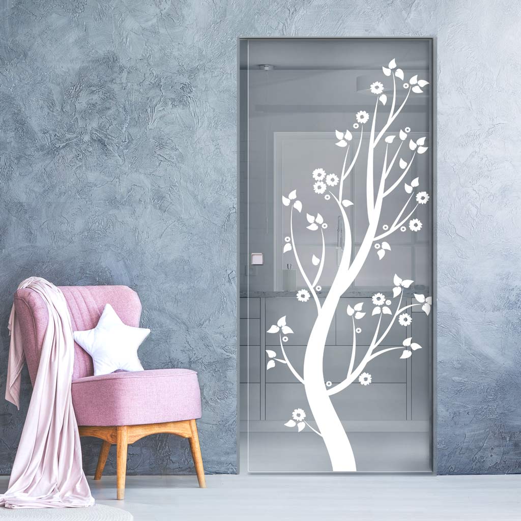 Blooming Tree  8mm Clear Glass - Obscure Printed Design - Single Absolute Pocket Door