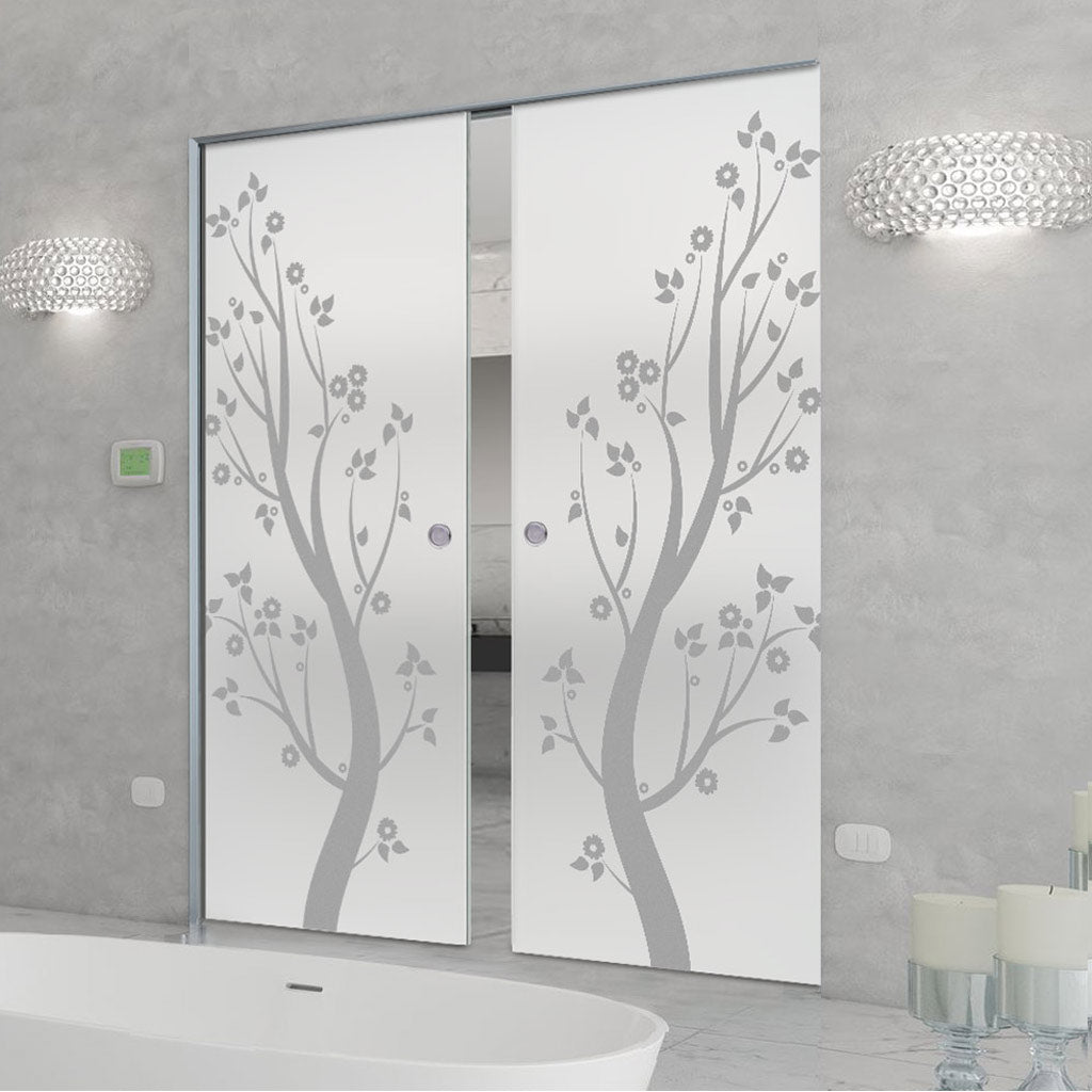 Blooming Tree  8mm Obscure Glass - Obscure Printed Design - Double Absolute Pocket Door