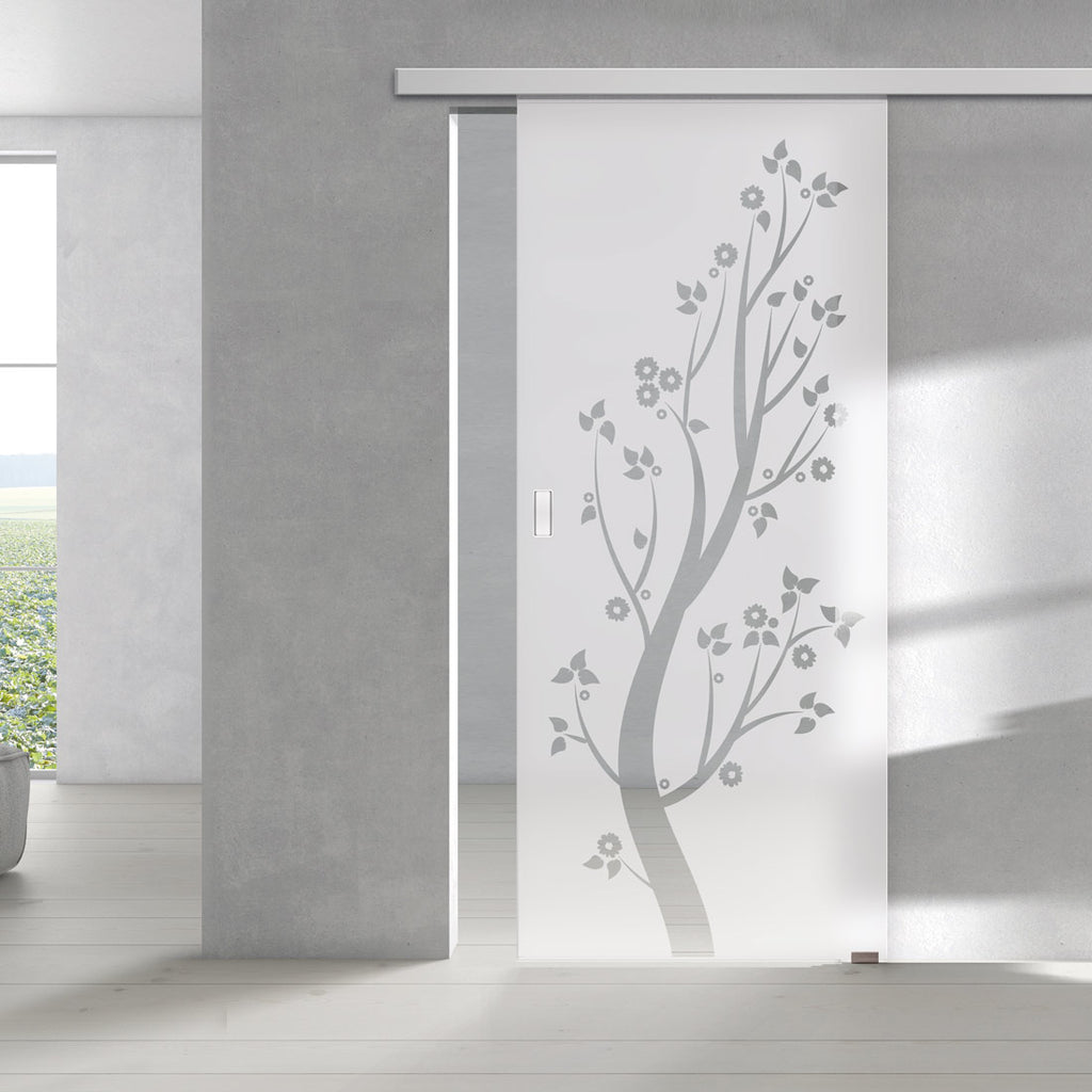 Single Glass Sliding Door - Blooming Tree 8mm Obscure Glass - Clear Printed Design with Elegant Track