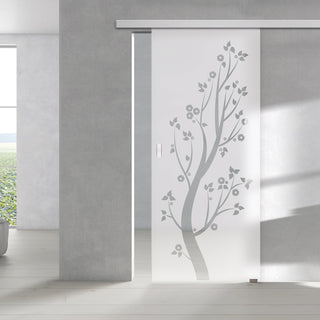 Image: Single Glass Sliding Door - Blooming Tree 8mm Obscure Glass - Clear Printed Design with Elegant Track