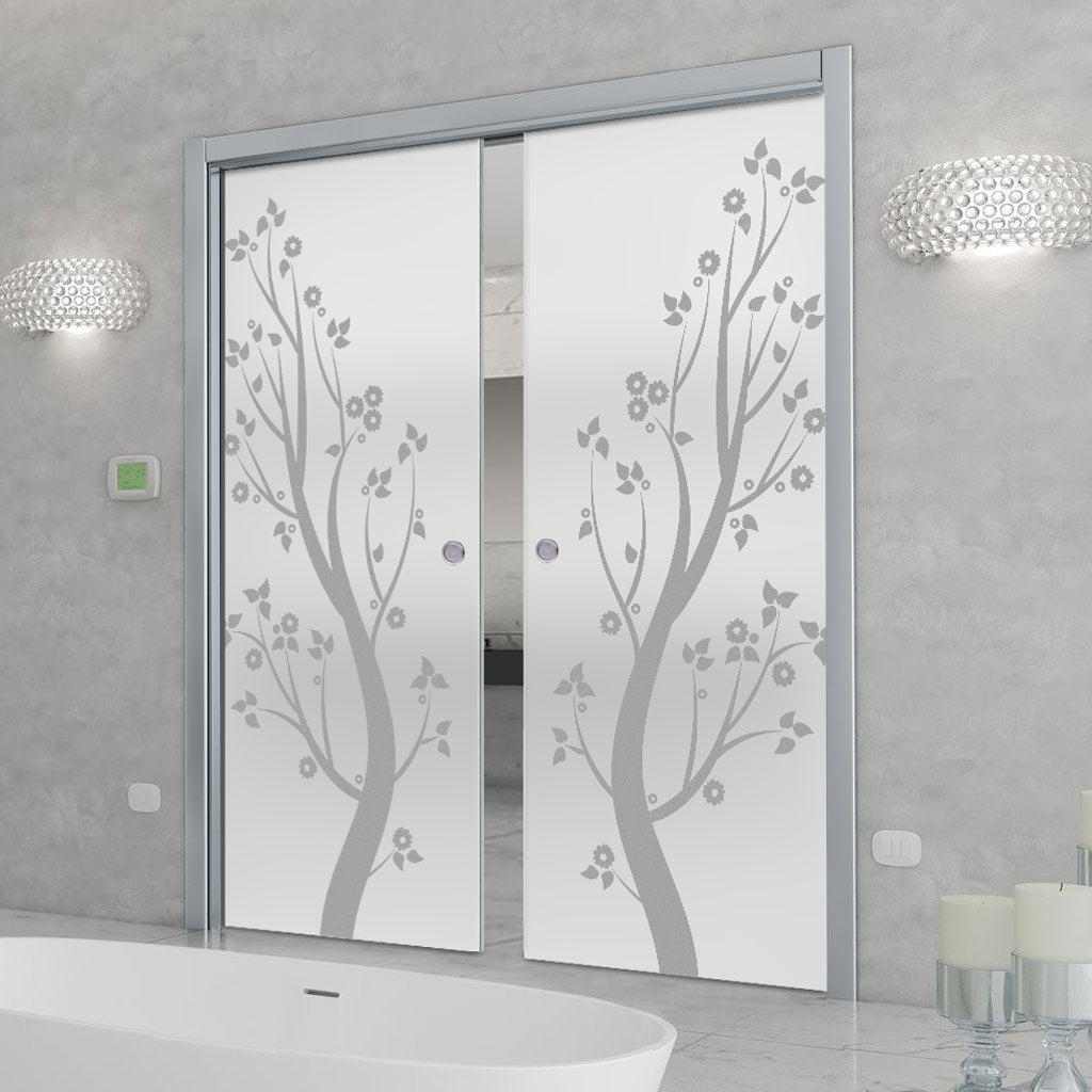 Blooming Tree  8mm Obscure Glass - Obscure Printed Design - Double Evokit Glass Pocket Door