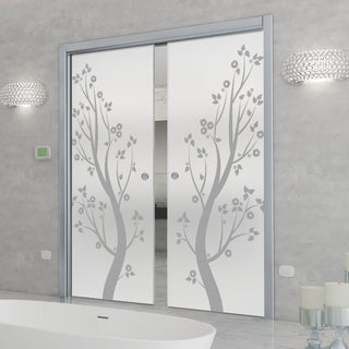 Image: Blooming Tree  8mm Obscure Glass - Obscure Printed Design - Double Evokit Glass Pocket Door