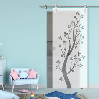 Image: Single Glass Sliding Door - Solaris Tubular Stainless Steel Sliding Track & Blooming Tree 8mm Obscure Glass - Clear Printed Design