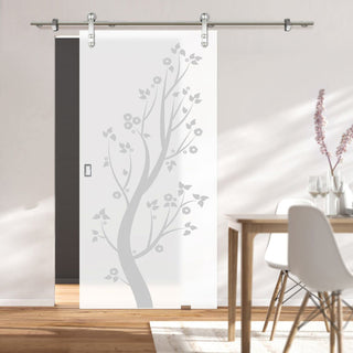 Image: Single Glass Sliding Door - Solaris Tubular Stainless Steel Sliding Track & Blooming Tree 8mm Obscure Glass - Obscure Printed Design
