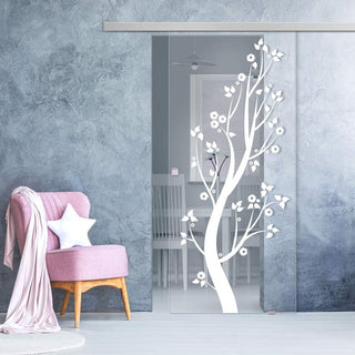 Image: Single Glass Sliding Door - Blooming Tree 8mm Clear Glass - Obscure Printed Design with Elegant Track