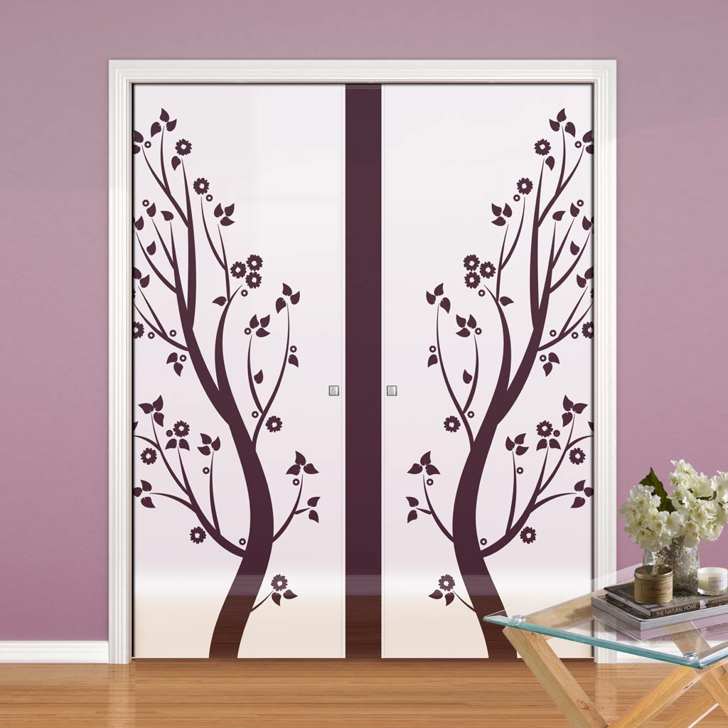 Blooming Tree  8mm Obscure Glass - Clear Printed Design - Double Evokit Glass Pocket Door