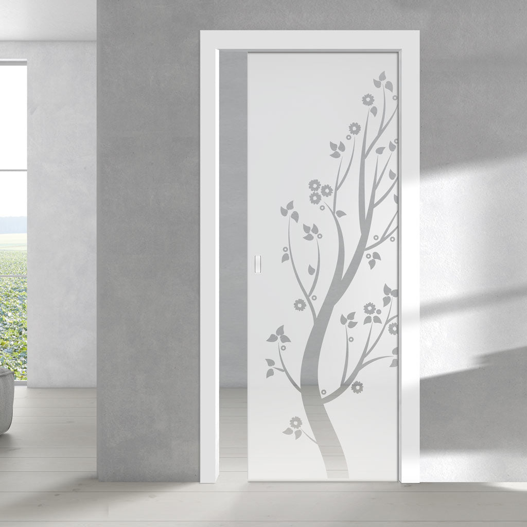Blooming Tree  8mm Obscure Glass - Clear Printed Design - Single Evokit Glass Pocket Door