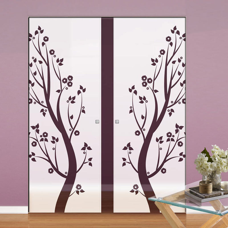 Blooming Tree  8mm Obscure Glass - Clear Printed Design - Double Absolute Pocket Door