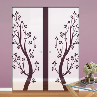 Image: Blooming Tree  8mm Obscure Glass - Clear Printed Design - Double Absolute Pocket Door