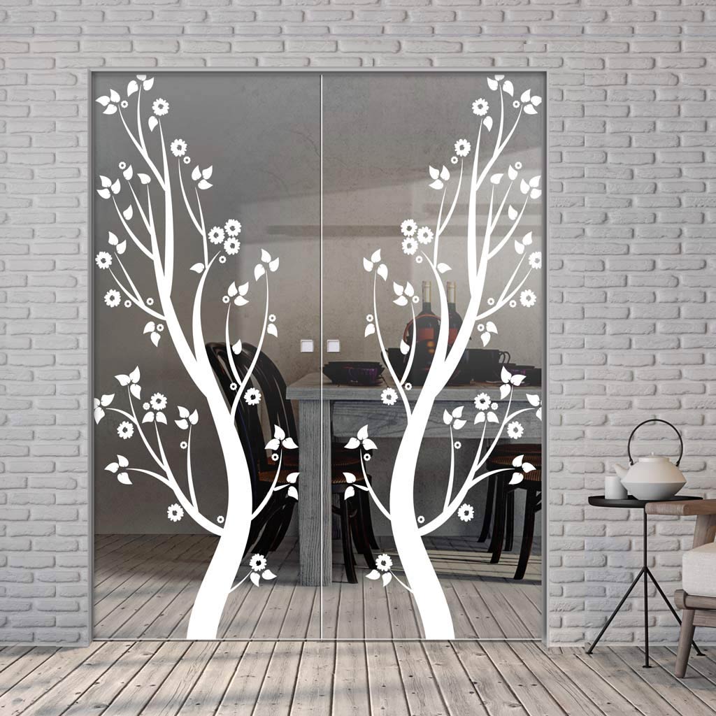 Blooming Tree  8mm Clear Glass - Obscure Printed Design - Double Absolute Pocket Door