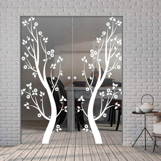 Image: Blooming Tree  8mm Clear Glass - Obscure Printed Design - Double Absolute Pocket Door