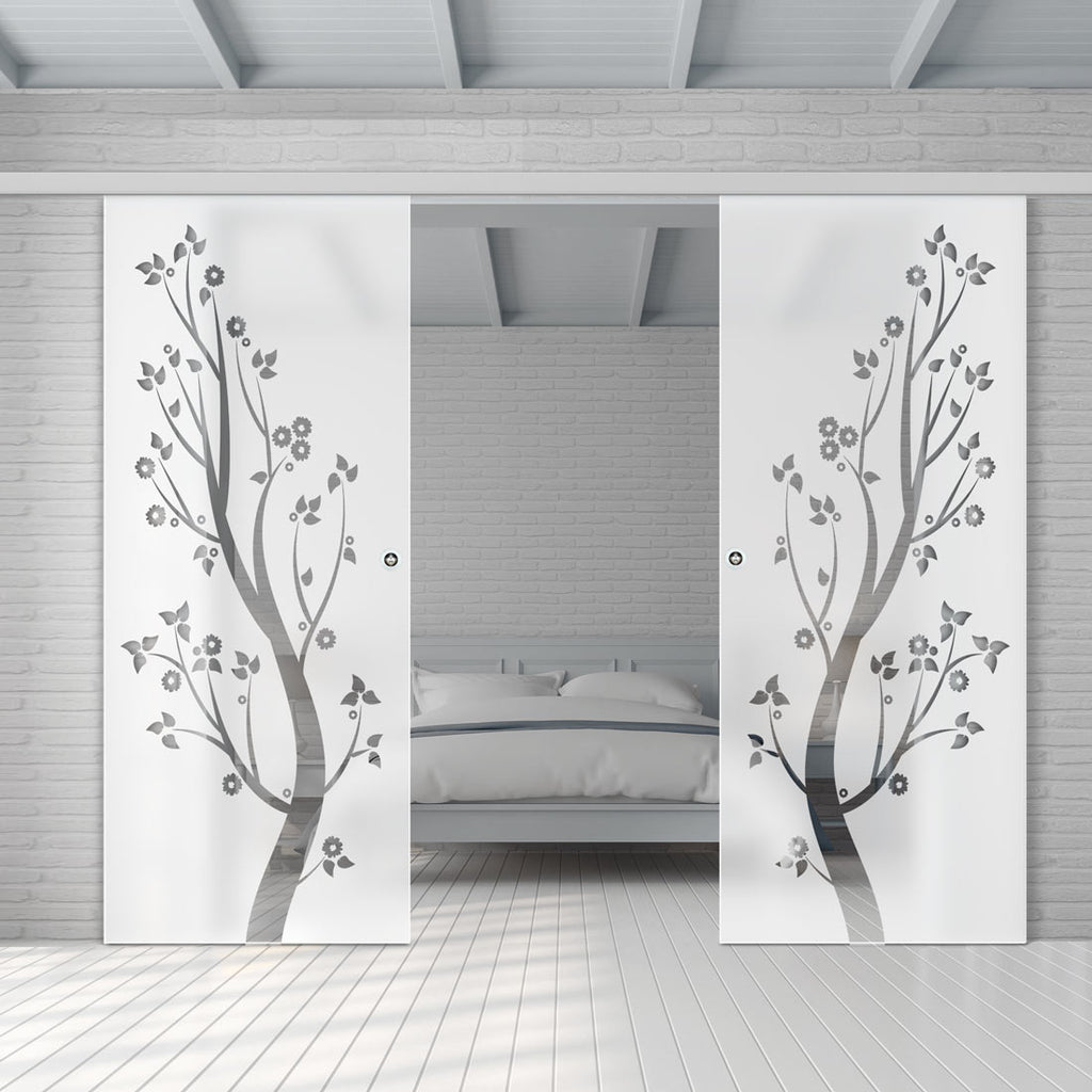 Double Glass Sliding Door - Blooming Tree 8mm Obscure Glass - Clear Printed Design with Elegant Track