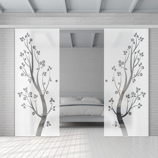 Image: Double Glass Sliding Door - Blooming Tree 8mm Obscure Glass - Clear Printed Design with Elegant Track