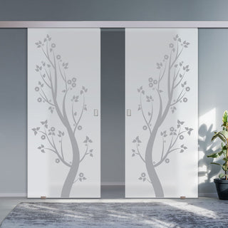 Image: Double Glass Sliding Door - Blooming Tree 8mm Obscure Glass - Obscure Printed Design with Elegant Track