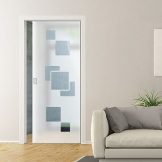 Image: Geometric Bold 8mm Obscure Glass - Clear Printed Design - Single Evokit Glass Pocket Door
