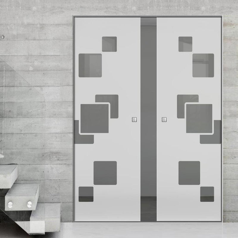 Geometric Bold 8mm Obscure Glass - Clear Printed Design - Double Absolute Pocket Door