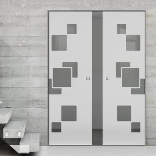Image: Geometric Bold 8mm Obscure Glass - Clear Printed Design - Double Absolute Pocket Door