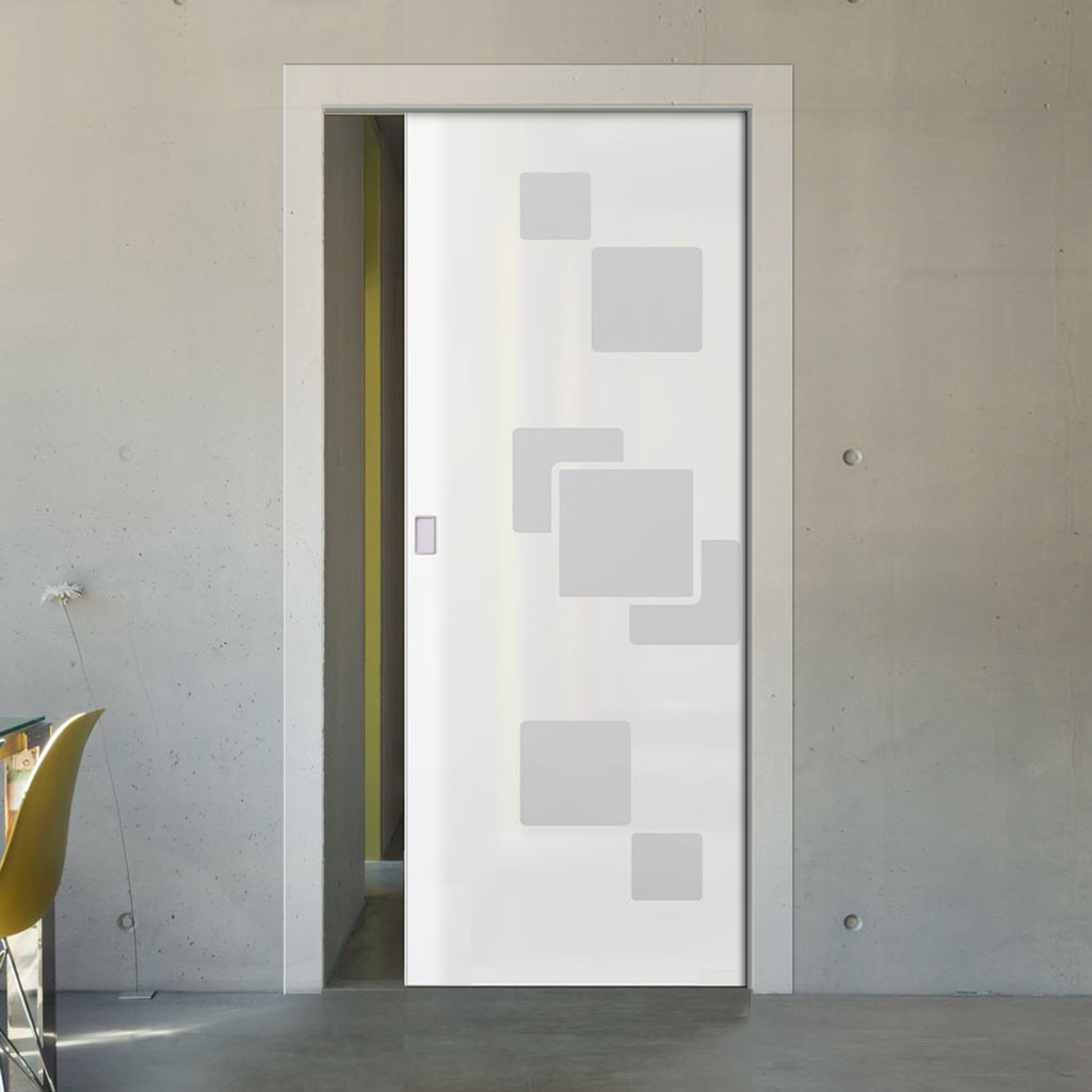 Geometric Bold 8mm Obscure Glass - Obscure Printed Design - Single Evokit Glass Pocket Door