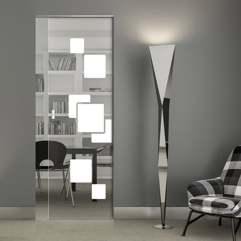 Geometric Bold 8mm Clear Glass - Obscure Printed Design - Single Absolute Pocket Door
