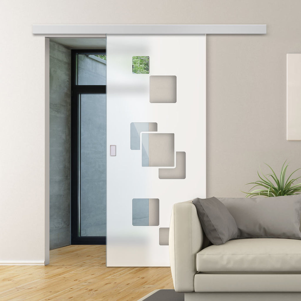 Single Glass Sliding Door - Geometric Bold 8mm Obscure Glass - Clear Printed Design with Elegant Track