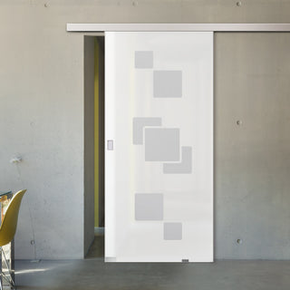 Image: Single Glass Sliding Door - Geometric Bold 8mm Obscure Glass - Obscure Printed Design with Elegant Track