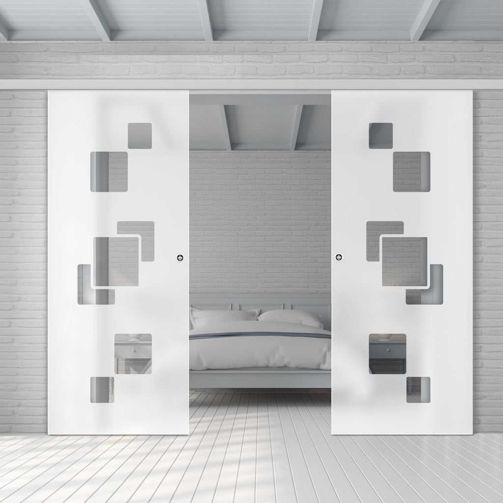 Double Glass Sliding Door - Geometric Bold 8mm Obscure Glass - Clear Printed Design with Elegant Track