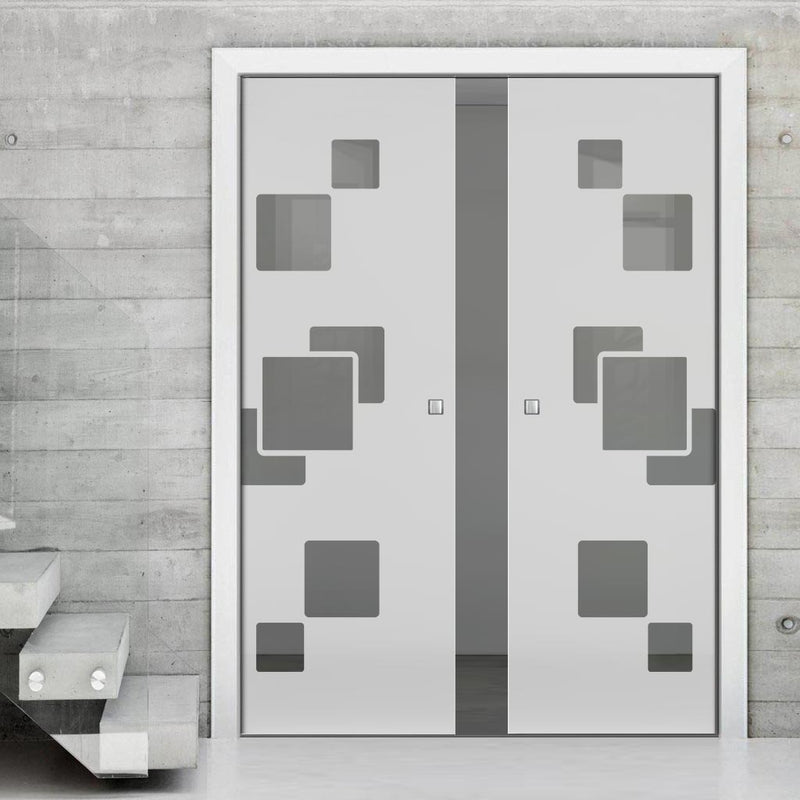Geometric Bold 8mm Obscure Glass - Clear Printed Design - Double Evokit Glass Pocket Door