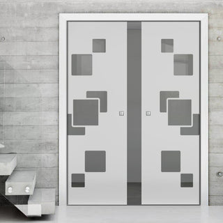 Image: Geometric Bold 8mm Obscure Glass - Clear Printed Design - Double Evokit Glass Pocket Door