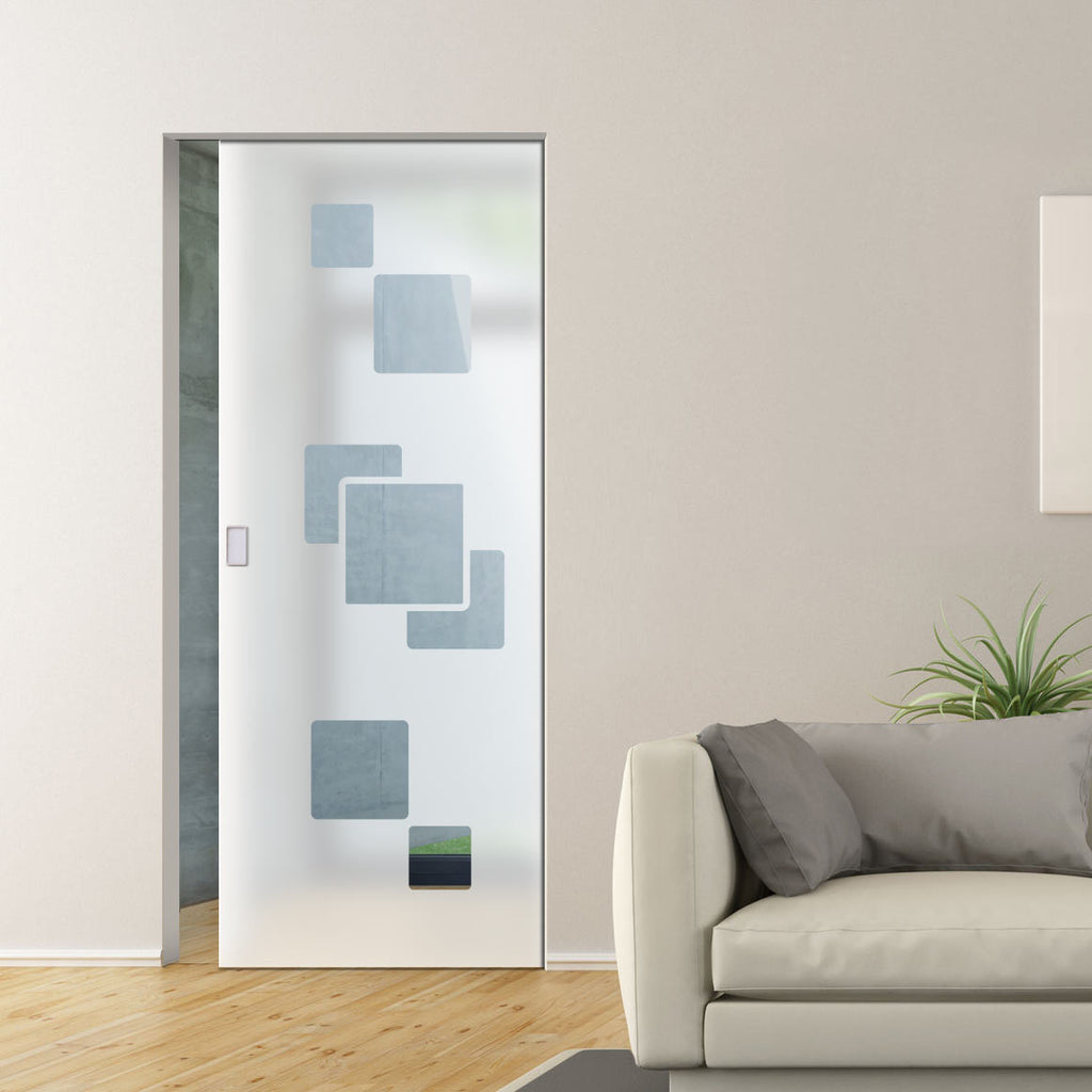 Geometric Bold 8mm Obscure Glass - Clear Printed Design - Single Absolute Pocket Door